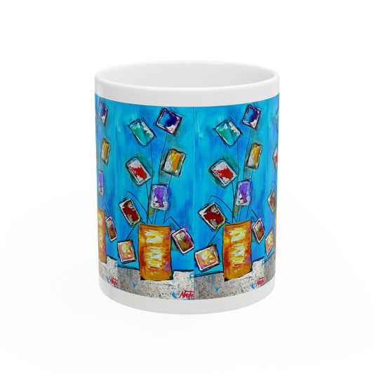 Flowers for Mum (8 Flowers in a Vase with Blue Background) Ceramic Mug 11oz